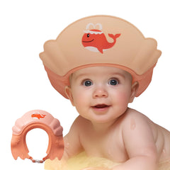 Thcbme baby shower cap shield with whale orange, front view, protects eyes and ears during bath time.