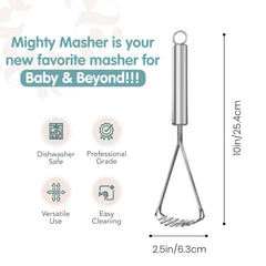 Small-head masher fits through mason jar openings for tiny portions.