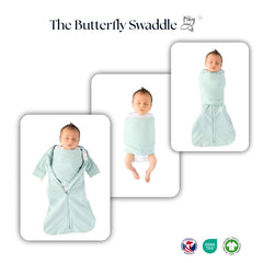 The Butterfly Swaddle Sage two-way zipper open for easy diaper changes