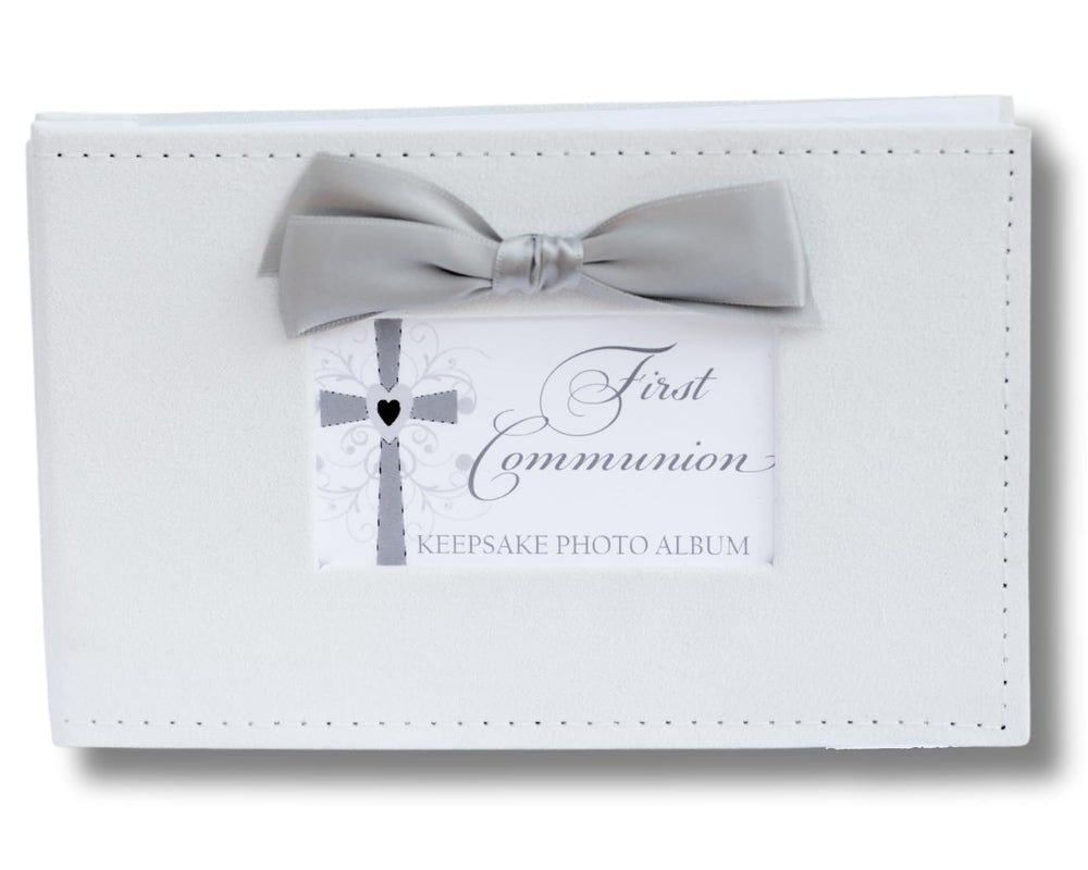 The Grandparent Gift Co Growing in Faith keepsake album cover in white faux suede for First Communion memories