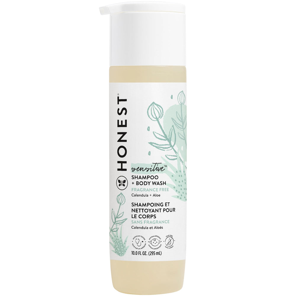 The Honest Company 2-in-1 bottle shown, tear-free formula ideal for sensitive skin.