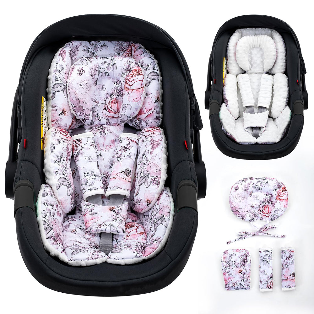 THE KENKYO infant headrest adjustable supports growing newborn heads during car rides.