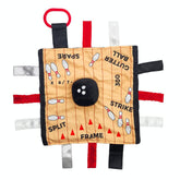 The Learning Lovey Baby Jack Co 10x10 Bowling Sports Lovey closeup highlights tactile texture for baby's exploration