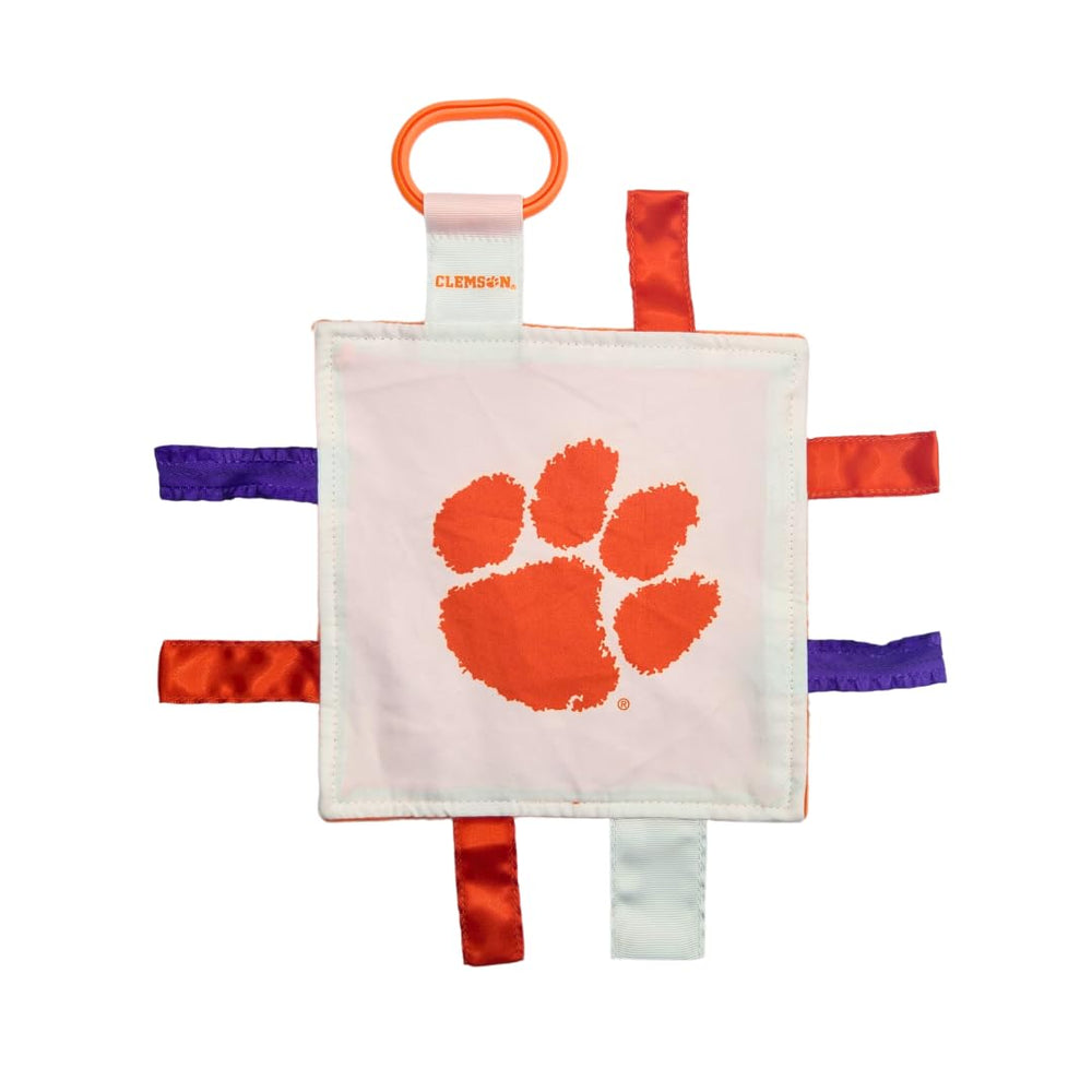 The Learning Lovey Clemson baby tag toy with stroller clip for on-the-go sensory play.