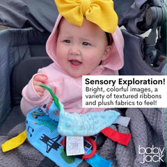 The Learning Lovey ribbon-stitched tabs ensure safety by preventing loose strings.