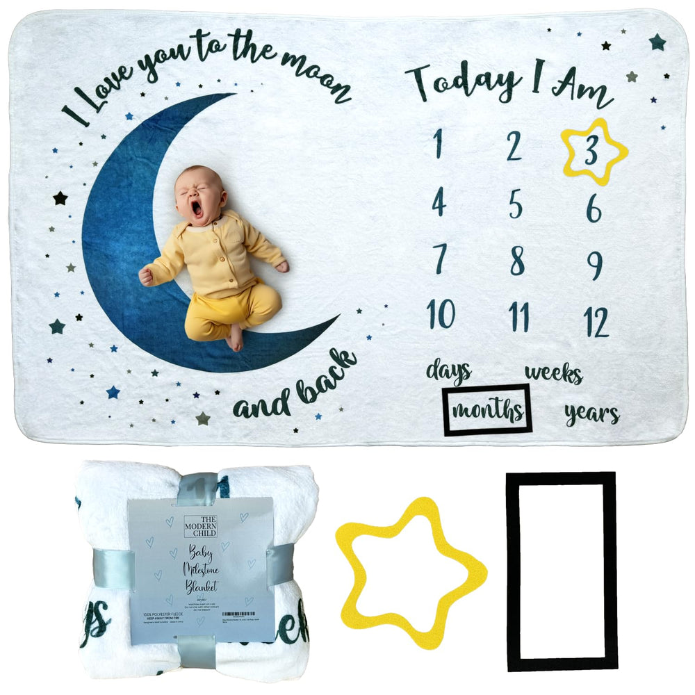The Modern Child milestone blanket Blue Moon lays flat for clear baby photos.