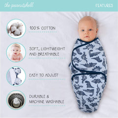 The Peanutshell blue dinosaur swaddle set wings with hook-and-loop closure provide secure fit.