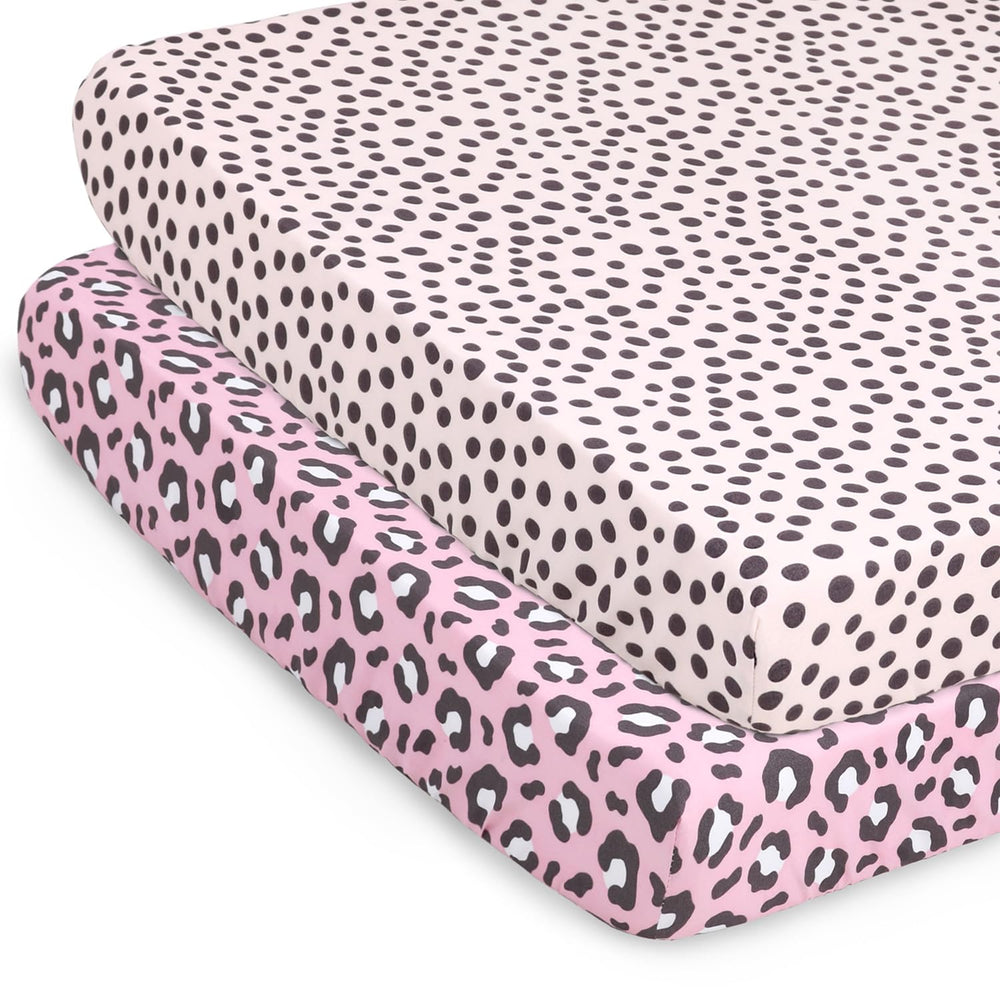 The Peanutshell cheetah pink playard sheet offers soft comfort for naps