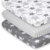 The Peanutshell elephant-stars print sheet for playard enhances cozy, breathable sleep.