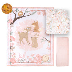 The Peanutshell Fairytale Forest crib sheet highlights snug fit for secure baby sleep.