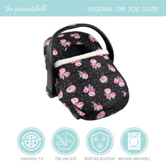 The Peanutshell Floral Rose car seat cover fleece interior keeps baby cozy