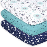 The Peanutshell space playard sheet closeup shows ultra-soft fabric for cozy naps.