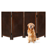 The Wooden Town pet gate closeup shows hand-carved burnt wood and durability.