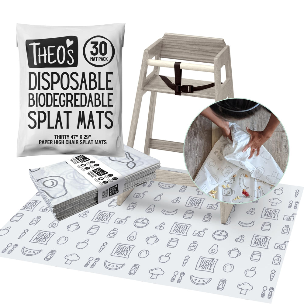 THEO'S MATS under high chair disposable splat mat keeps floors clean during meals.