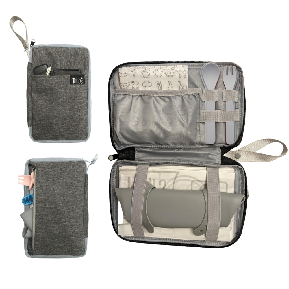 THEO'S Mealtime Clutch front view shows organized pockets for on-the-go meals.