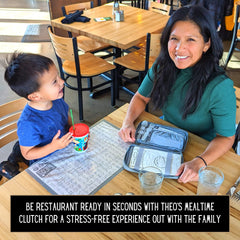 THEO'S Mealtime Clutch open layout reveals utensil loops and easy-access wet bag.