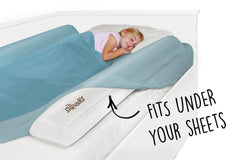 The Shrunks bed rail under sheets shows its low-profile big-kid design