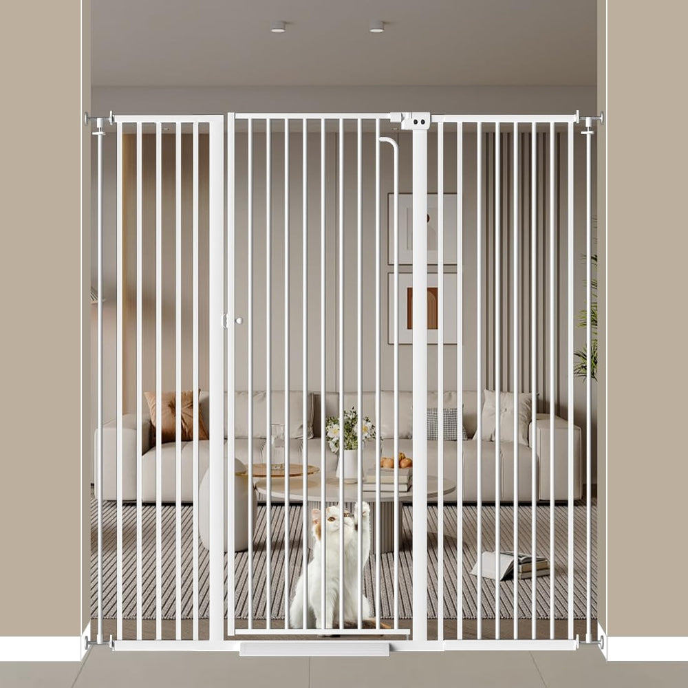 TheyFirst 57-inch extra tall pet gate in doorway, creates a tall, safe barrier.
