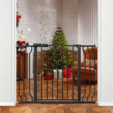 THEYFIRST baby gate closed-door installation shows no-drill setup for stairs and hallways.
