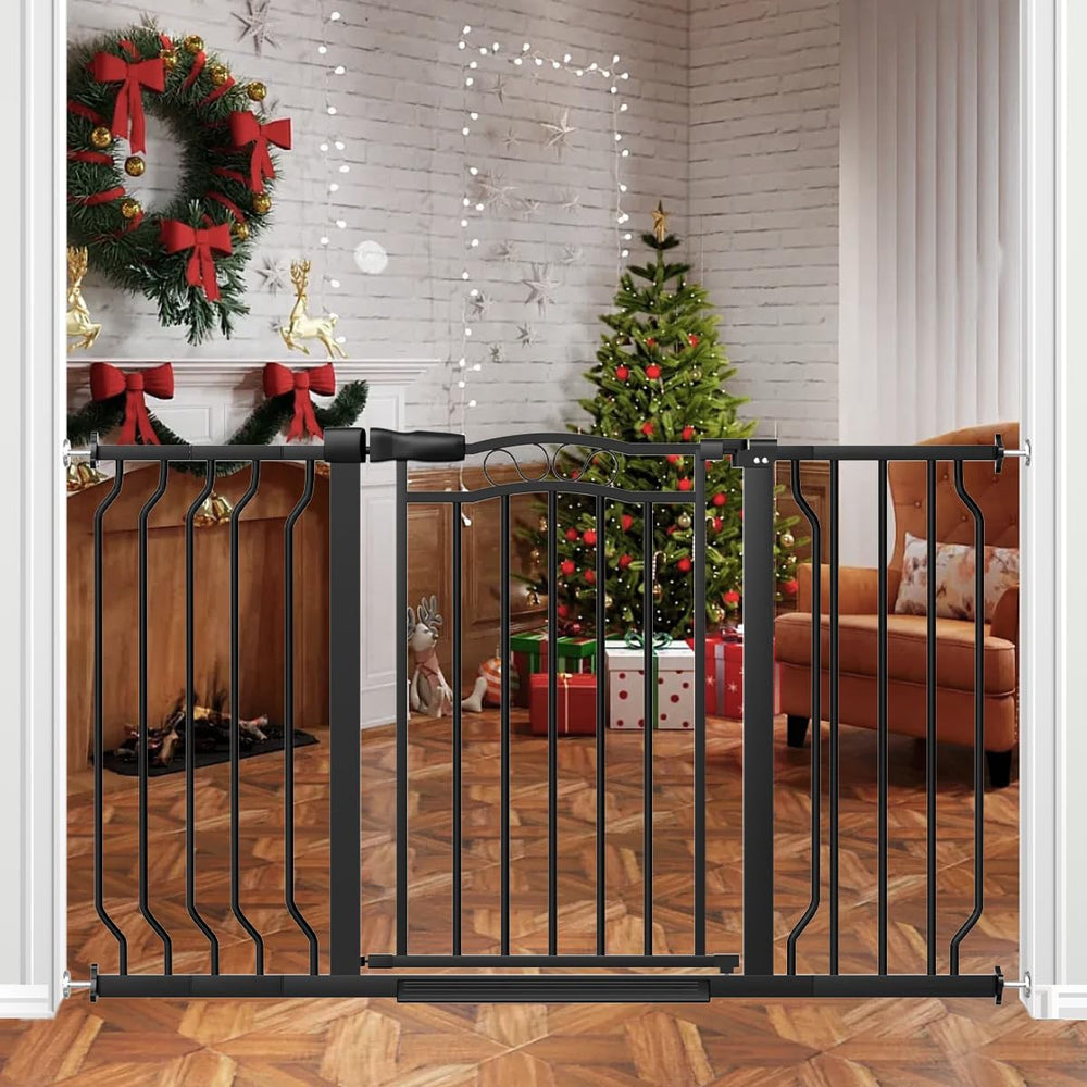 THEYFIRST extra-wide baby gate on stairs demonstrates tool-less installation for safe stair access.