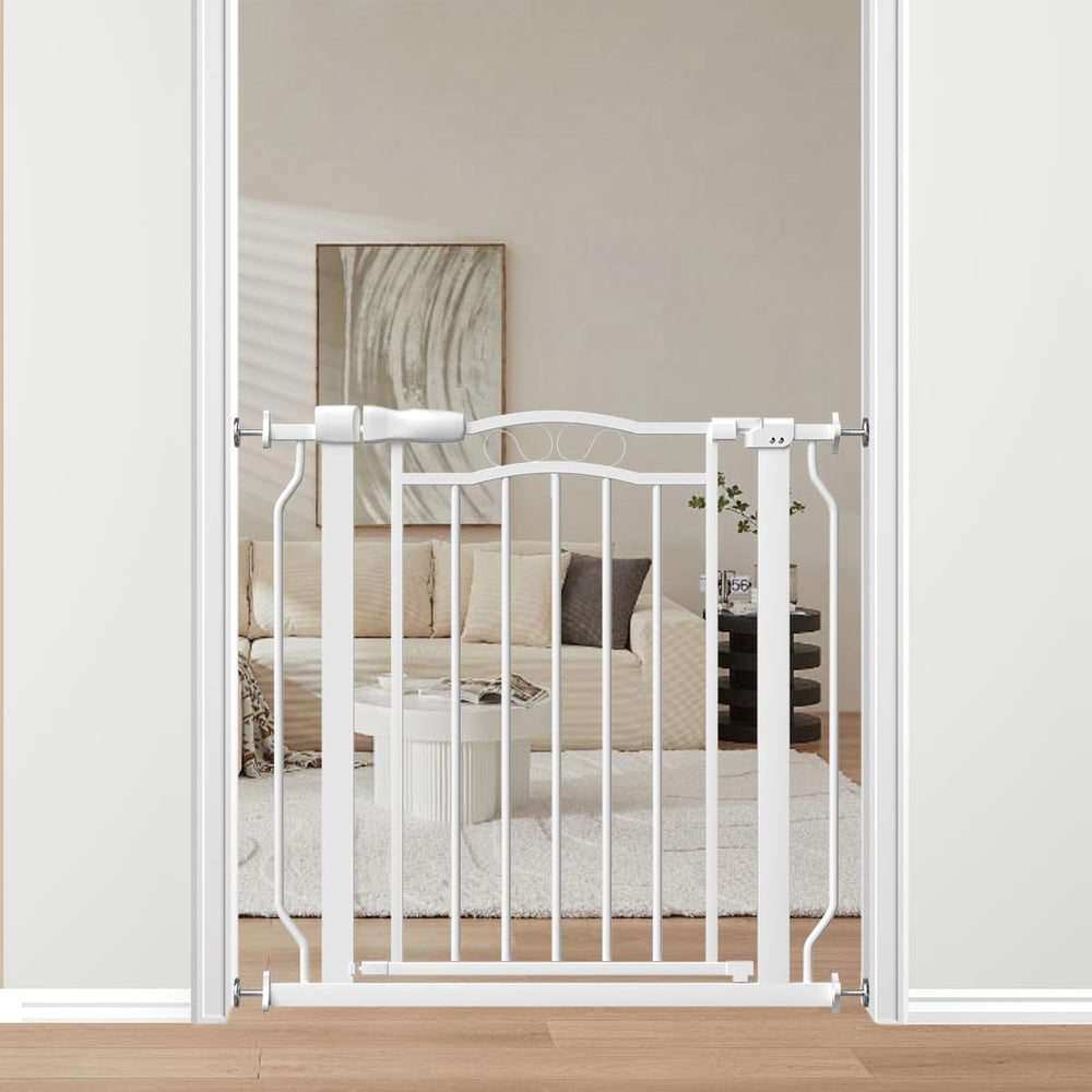 THEYFIRST wide baby gate on stairs with secure angle for child and pet safety.