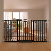 THEYFIRST wide baby gate on stairs demonstrates no-drill safety for busy stairways.