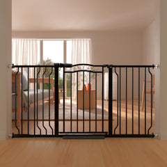 THEYFIRST wide baby gate on stairs demonstrates no-drill safety for busy stairways.