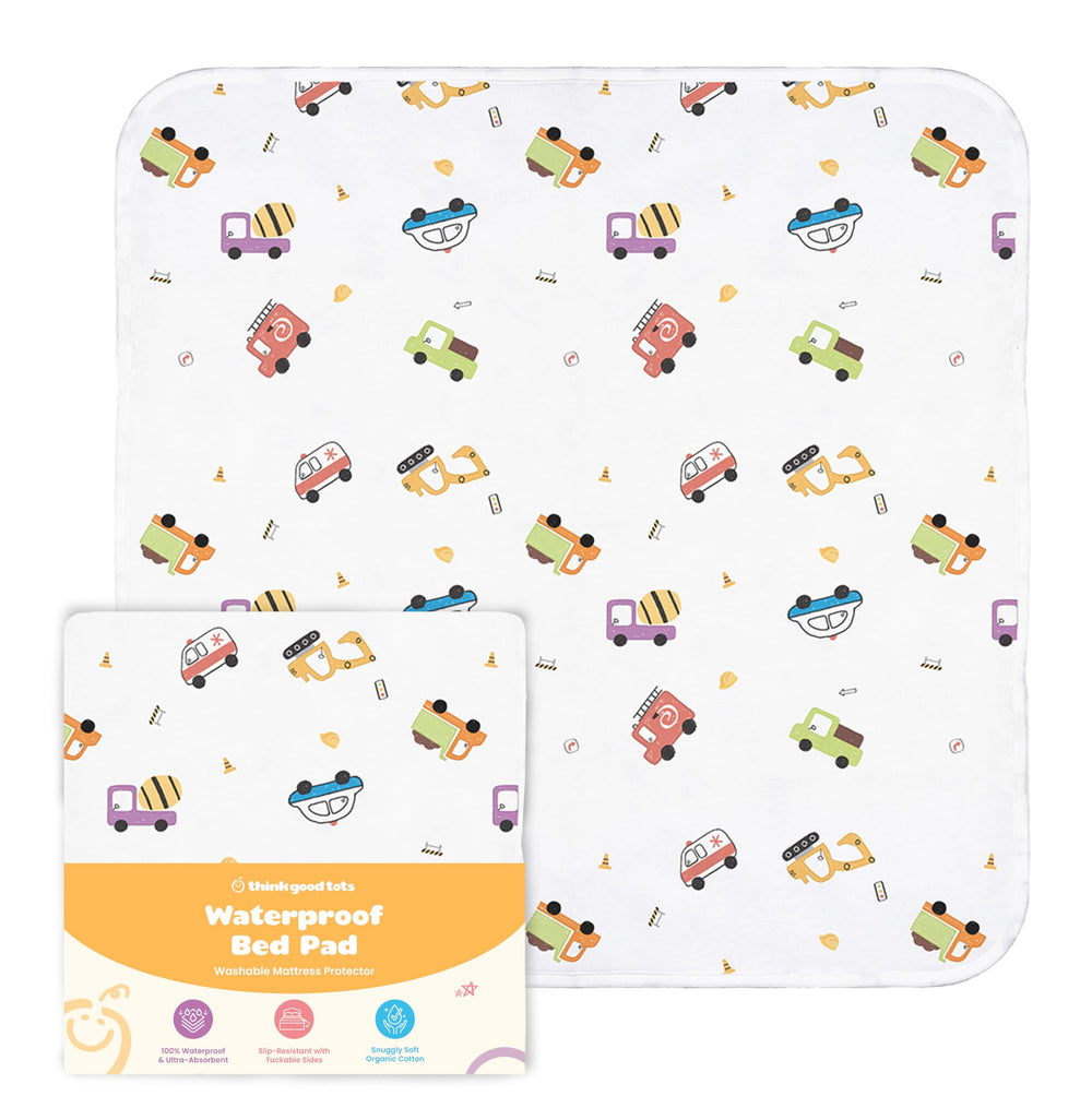 THINK GOOD TOTS truck design twin bed pad keeps nights dry and comfortable.