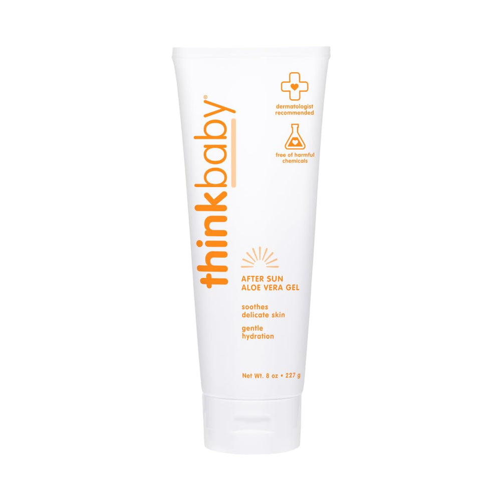 Thinkbaby Aloe Vera After Sun Gel bottle pour provides cooling relief after a sunny day.