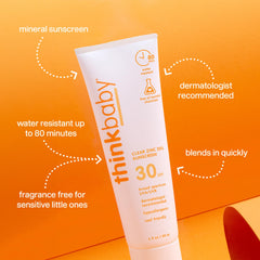 Thinkbaby sunscreen cream texture shown with fast-absorbing non-greasy protection