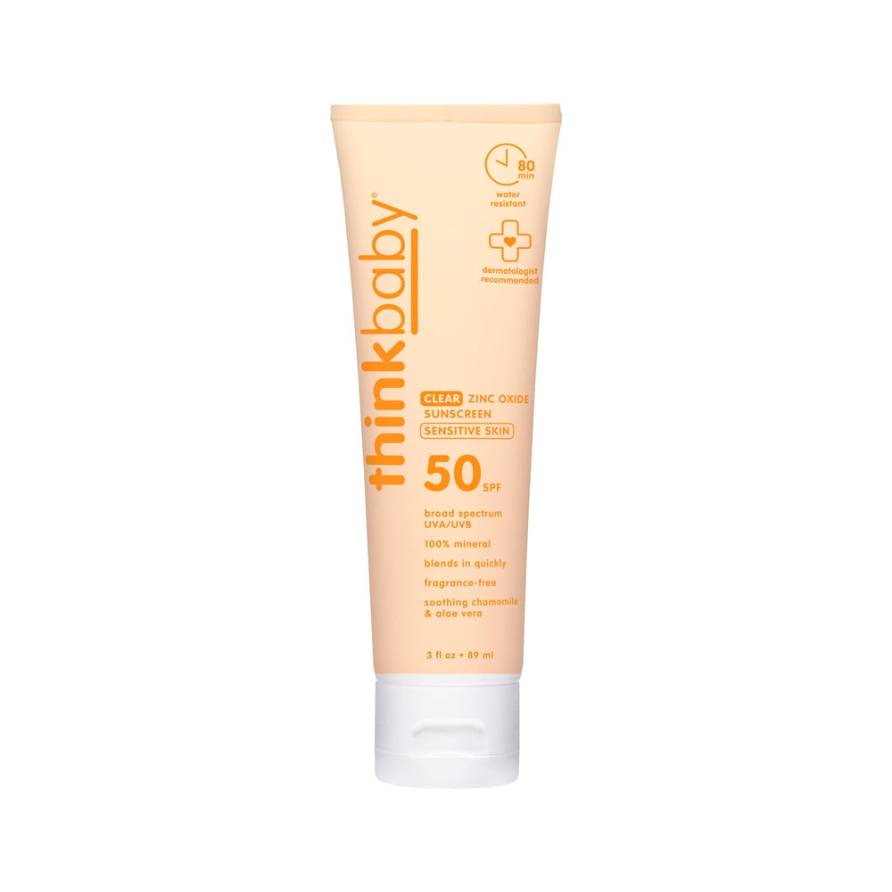 Thinkbaby sunscreen application close-up reveals fast-absorbing mineral protection for sensitive skin.