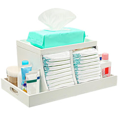 Three colors diaper organizer top tray for wipes—easy one-handed access.