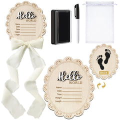 Threehoney baby announcement sign front view with dual sides for name details and handprints.