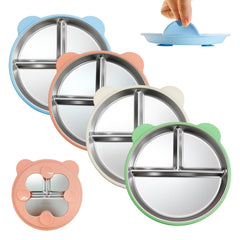 Thrseely four-pack stainless toddler plates ready for meals with bear-ear design.