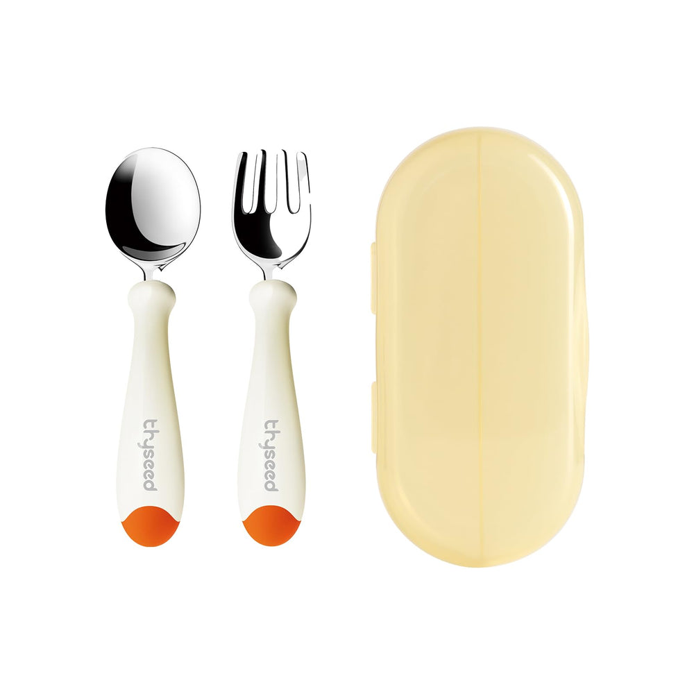 Thyseed toddler utensils with orange case for portable meals on the go.