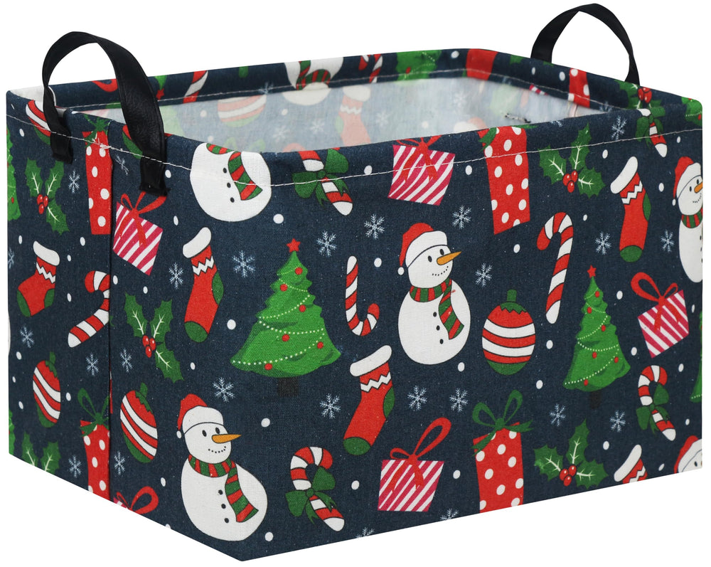 TIBAOLOVER Christmas basket blue front view shows sturdy canvas with waterproof lining for storage
