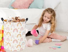 Tibaolover Rainbow Kids Laundry Basket closeup highlights durable fabric and waterproof inner coating.