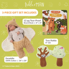 Tickle & Main plush tree rattle offers gentle sounds to encourage early sensory exploration.