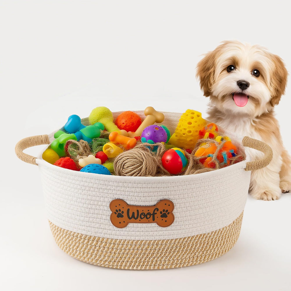 Tidelit dog toy basket front view highlights durable cotton rope for tidy toy storage