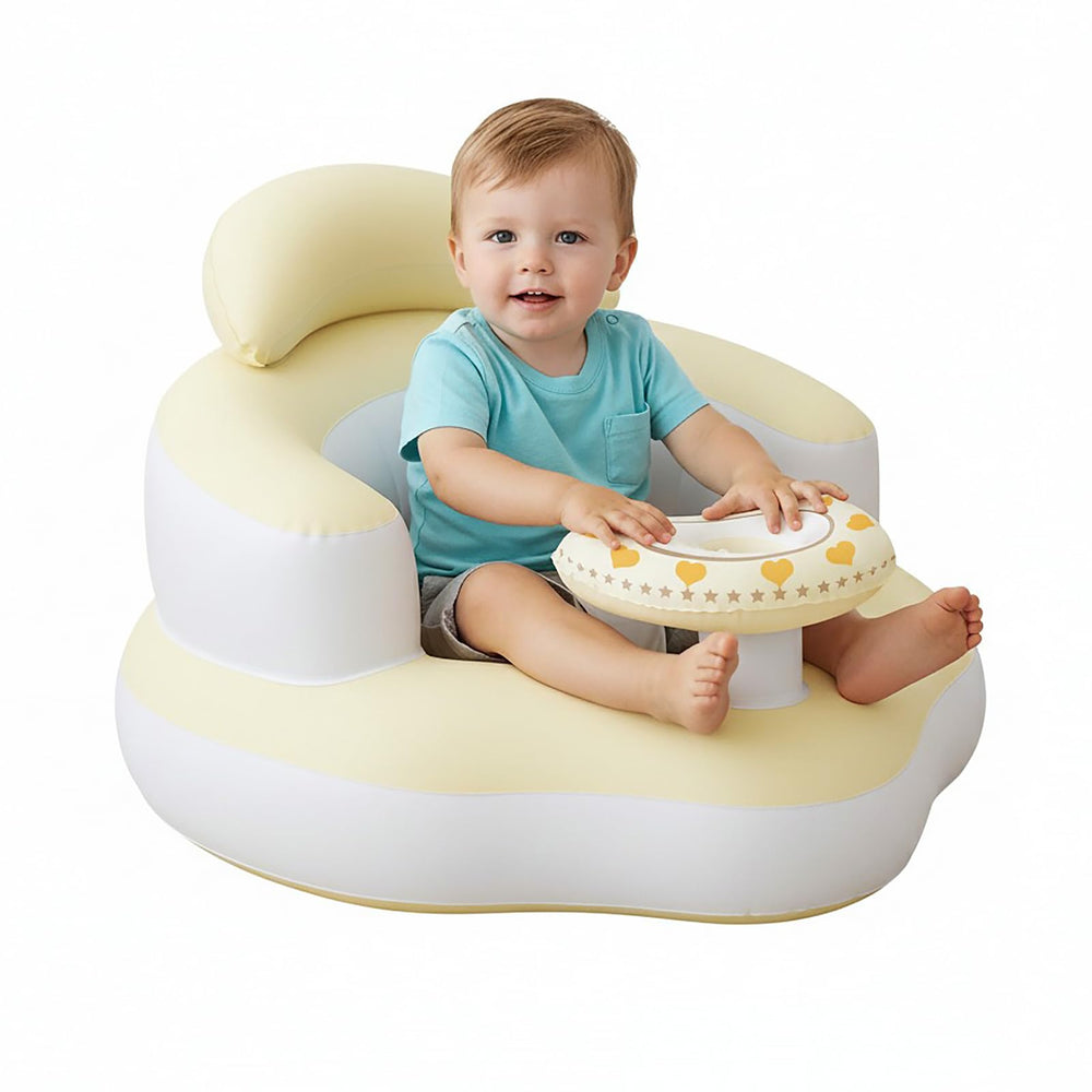 Tidnns inflatable baby seat yellow-white tray for secure feeding and play.