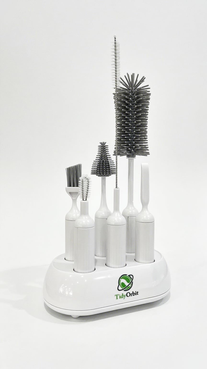 TidyOrbit wide-mouth brush cleans hard-to-reach bottle necks for efficient cleaning.