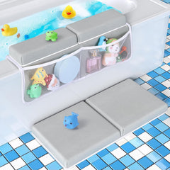 Tiikiy baby bath kneeler and elbow rest assembly shows stable setup for comfortable baths.