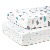 TILLYOU baby crib sheets blue clouds stars pattern for cozy nursery decor.
