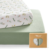 TILLYOU Daisy muslin crib sheet close-up shows soft, breathable 100% cotton for gentle skin.
