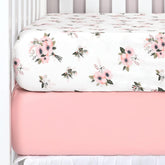 TILLYOU fitted crib sheet pink floral closeup shows ultra-soft cotton touch for gentle skin