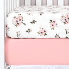 TILLYOU fitted crib sheet pink floral closeup shows ultra-soft cotton touch for gentle skin