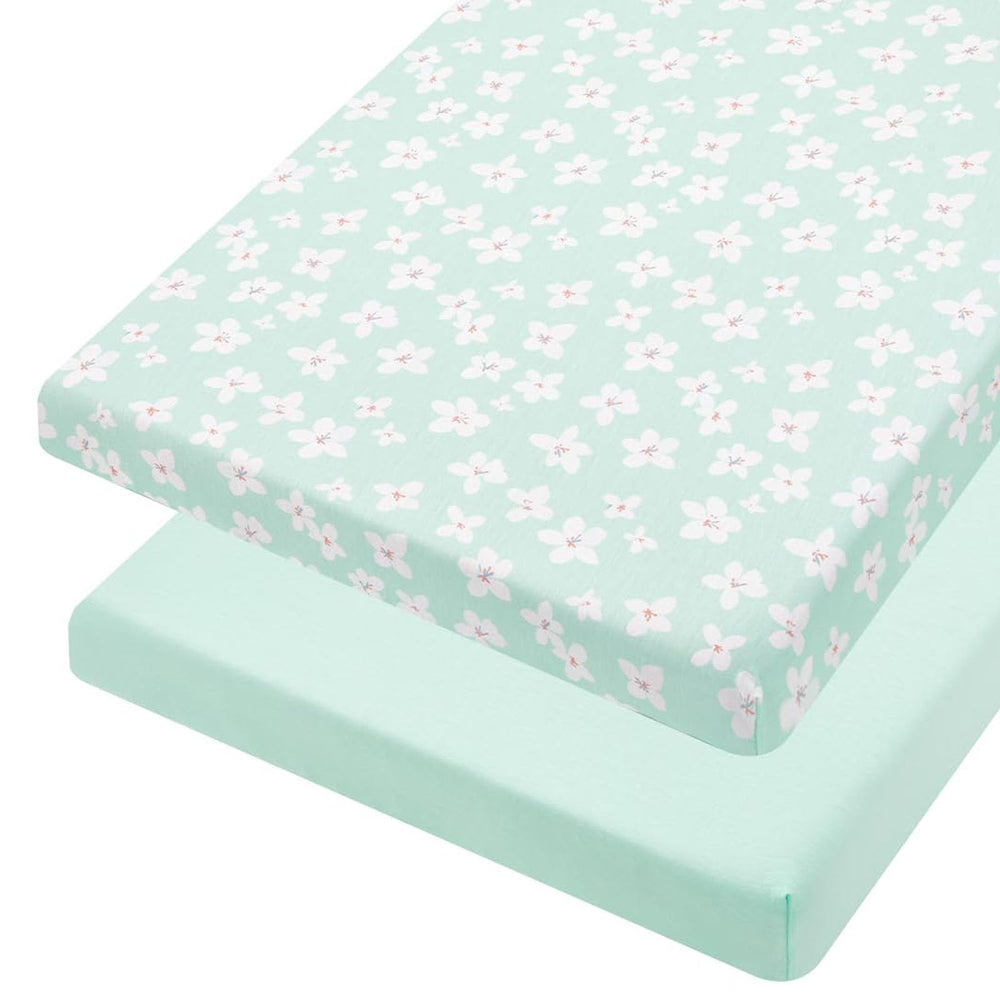 TILLYOU mini-crib-fitted-sheet Fresh Flowers closeup shows snug fit for secure night sleep