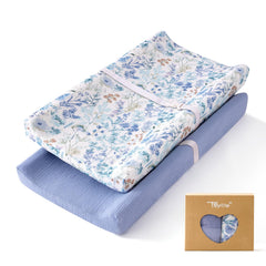 TILLYOU muslin changing pad cover blue flower pattern showing soft breathable cotton for baby skin