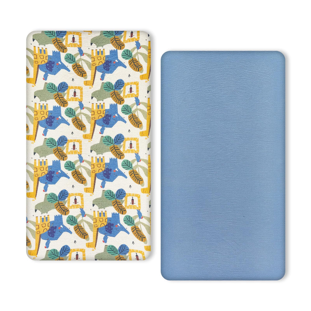TILLYOU muslin crib sheet animal-geometry-blue close-up highlights breathable cotton comfort