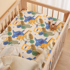 TILLYOU crib sheet animal-geometry-blue on mattress shows secure fit and soft texture